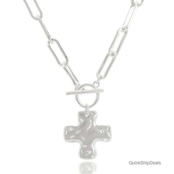 Chunky Cross Pendant Necklace with Vintage Toggle Clasp, Bold Thick Chain - Picture 5 of 7